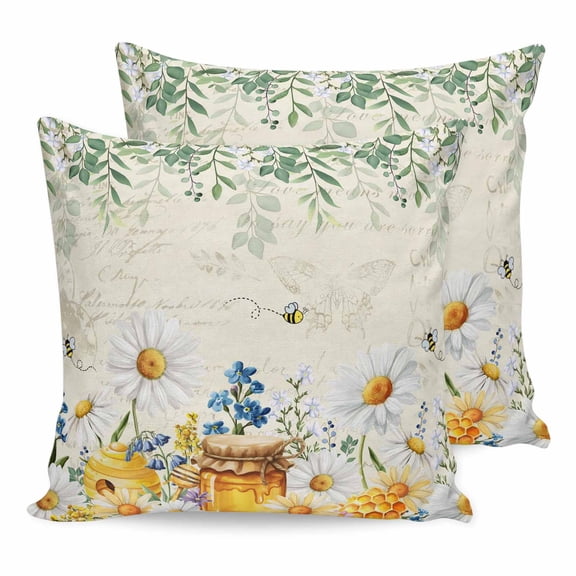 Pillow Covers 20x20 Set of 2, Daisy Spring Floral Square Throw Pillow Covers for Couch/Sofa/Living Room, Farmhouse Botanical Green Leaves Decorative Soft Pillowcases for Couch Throw Pillows