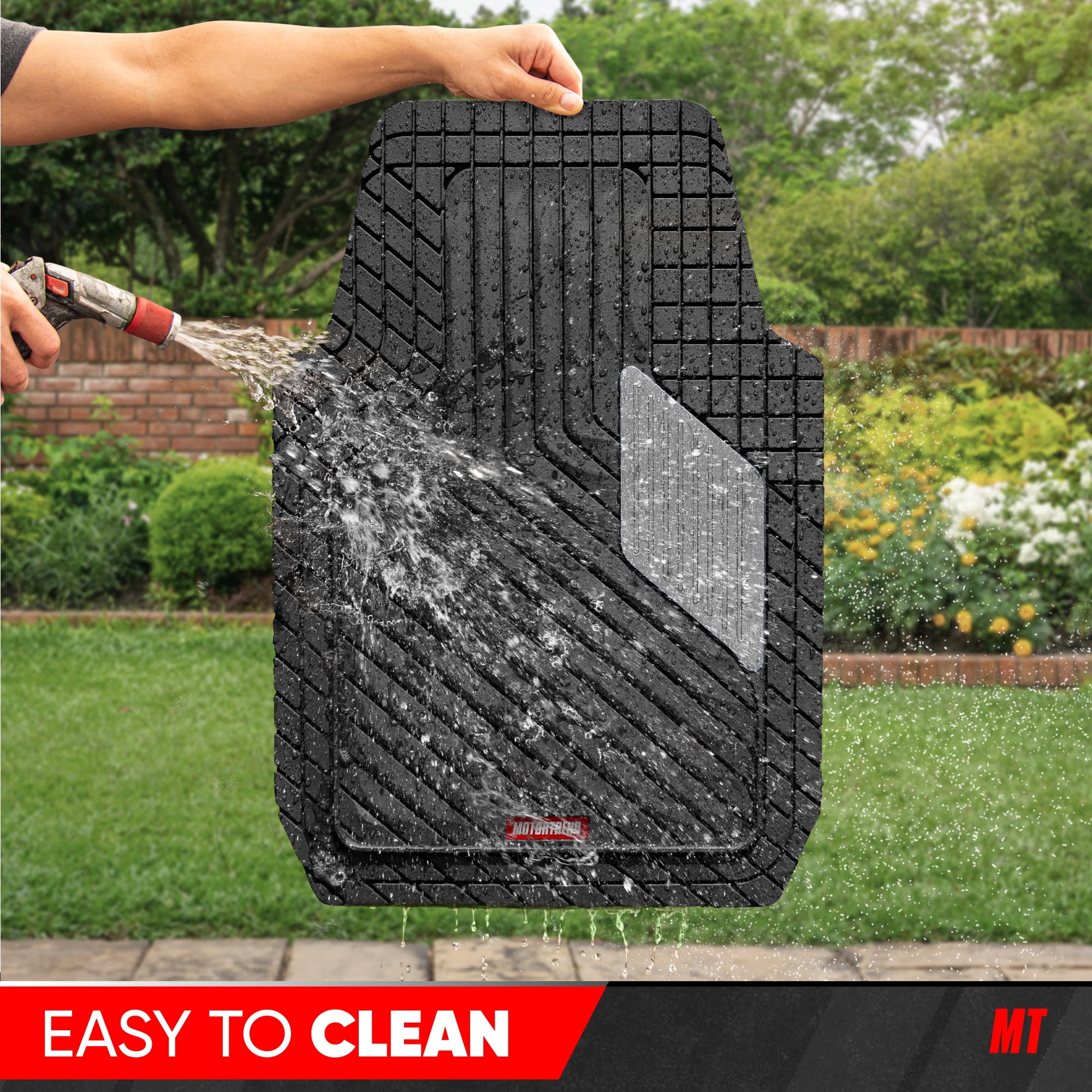 Motor Trend MetallicGuard Car Floor Mats Full Set - Durable Rubber Floor Mats with Silver Metallic Heel Pad, All-Weather Interior Protection for Front and Rear with Non-Slip Backing