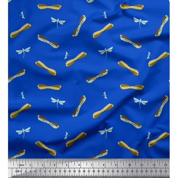 Soimoi Blue Cotton Duck Fabric Bow & Dragonfly Insect Printed Fabric 1 Yard 42 Inch Wide