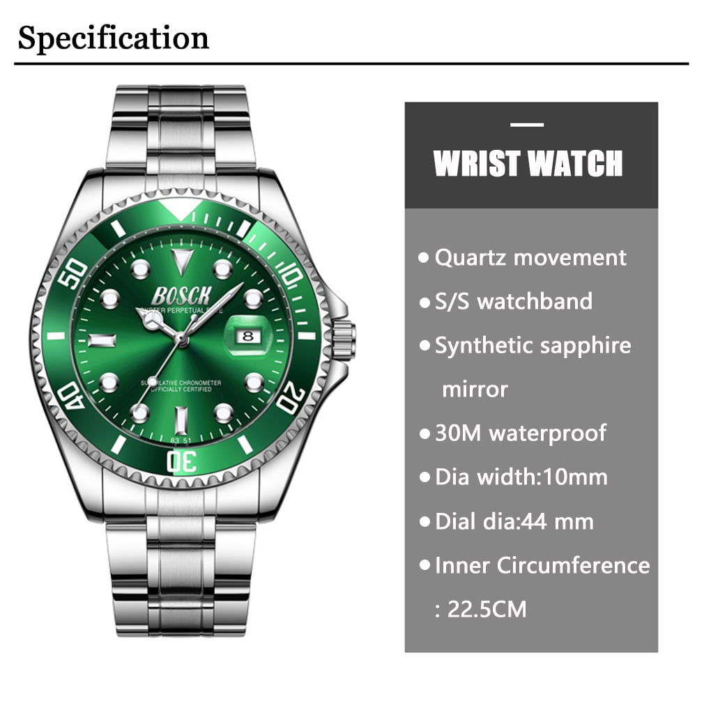 BOSCK Men's 42mm Stainless Steel Classic Luxury Analog Wristwatch, Green Watch for Men