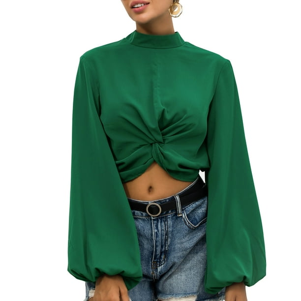 Moda mujer color sólido blusa cuello alto manga larga linterna nudo Crop Top verano Abanopi Verde/Extragrande