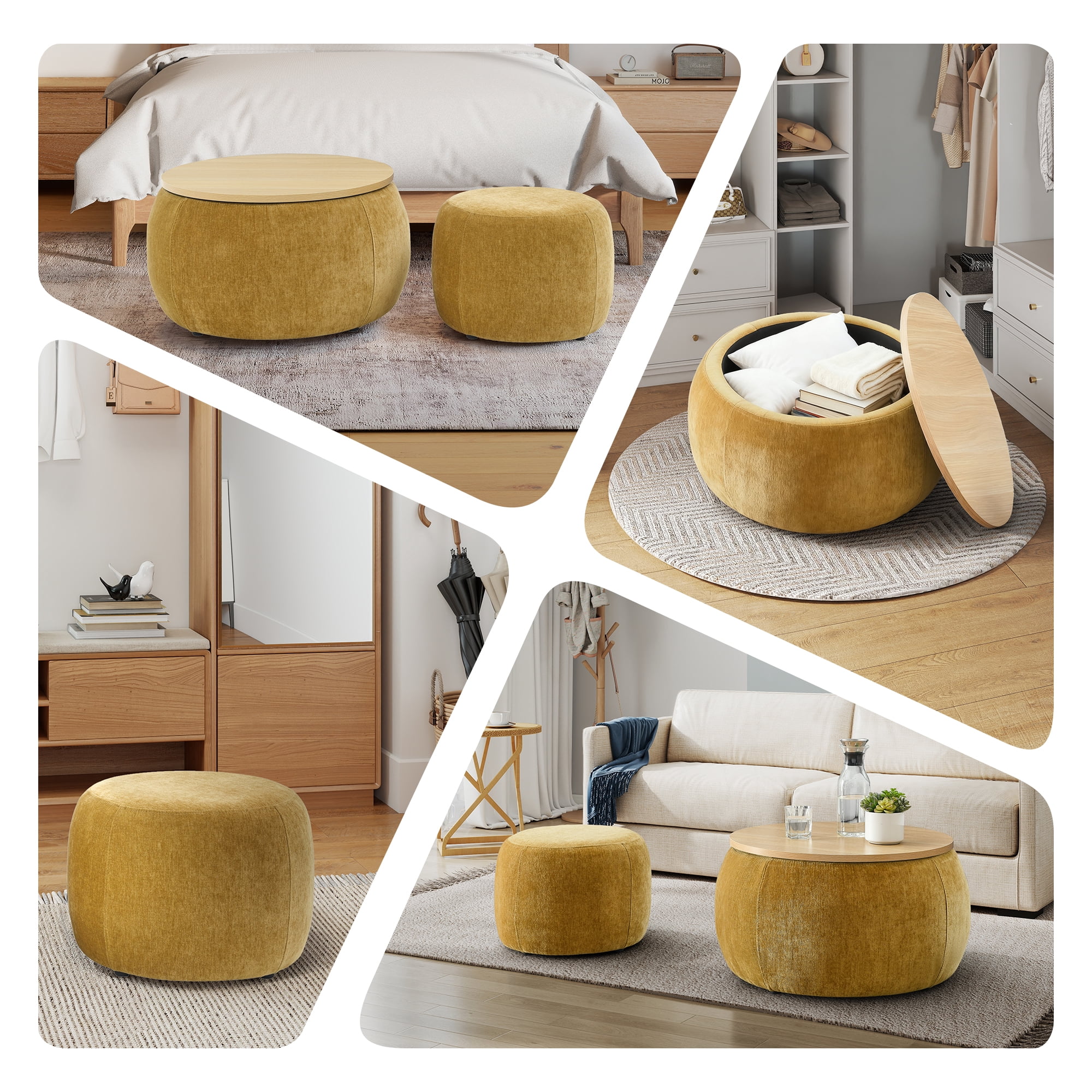 Aukfa 2pc Round Storage Ottoman, Chenille Upholstered Pouf Foot Rest Stools, Coffee End Table for Living Room, Bedroom, Dorm, Yellow