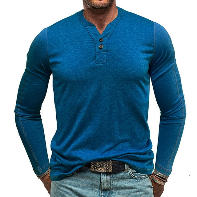 pstuiky mangas largas para hombre, Suéter deportivo informal de color liso con cuello redondo y botones para hombre, blusa de manga larga con cuello redondo camisetas de hombre m