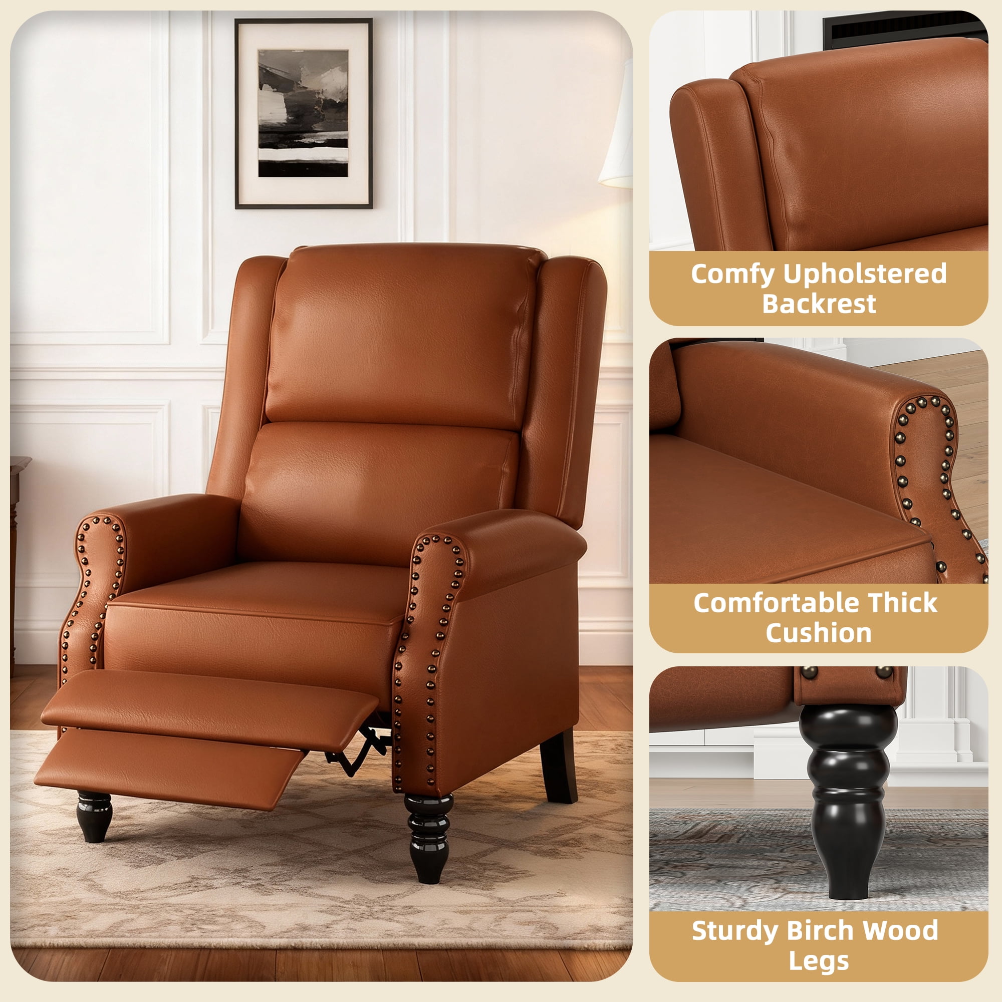 MAYEERTY Whiskey Brown Faux Leather Pushback Recliner Chair, Ergonomic Design for Living Room, Bedroom & RV