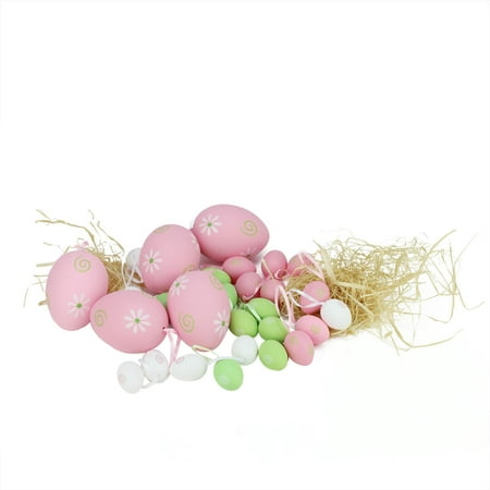 Set of 29 Pastel Pink Green and White Painted Floral Spring Easter Egg Ornaments