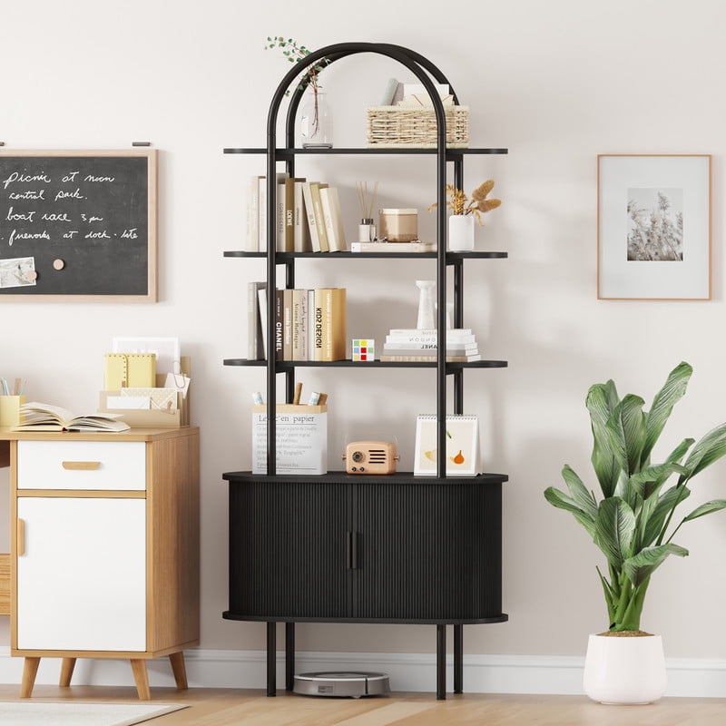 71" Tall Fluted Arched Bookshelf with Sliding Doors, Mid Century Modern Metal Curved Bookshelf Cabinet with Storage and Adjustable Footpad, 4-Tier Open Display Storage Shelf for Home, Living Room