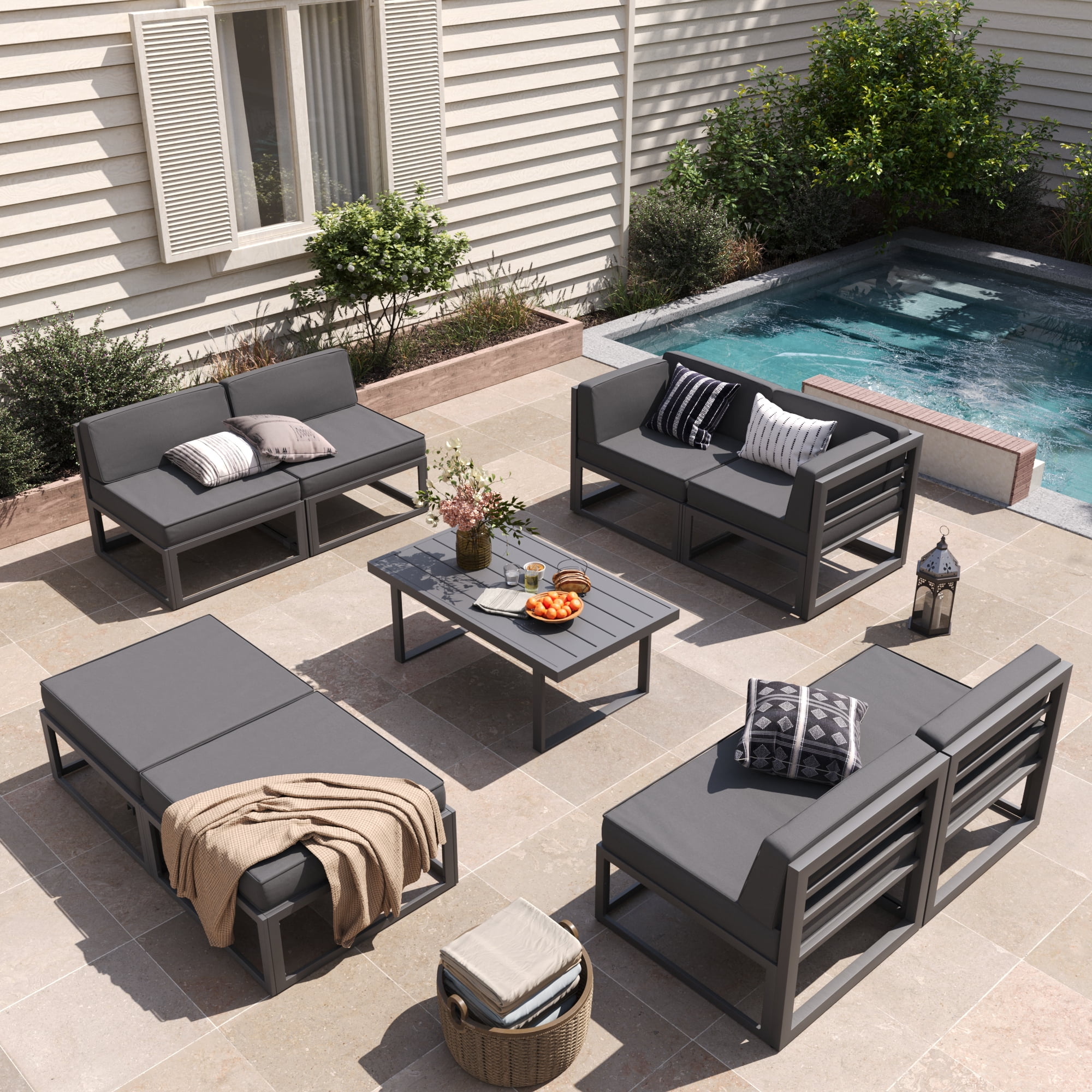 MRUAKA Aluminum Patio Furniture Set,9 Piece Modern Outdoor Furniture with 5 inch Cushion, Metal Patio Sectional Conversation Sets for Deck, Backyard, Porch,Gray(Included Waterproof Covers)