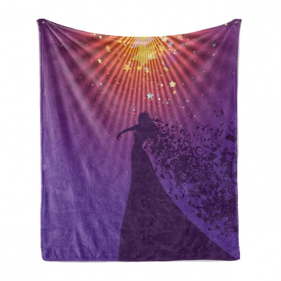 Diva Soft Flannel Fleece Throw Blanket, Silhouette of Woman Opera Singer Singing at the Stage with Hair Like Musical Notes, Cozy Plush for Indoor and Outdoor Use, 50" x 70", Multicolor, by Ambesonne