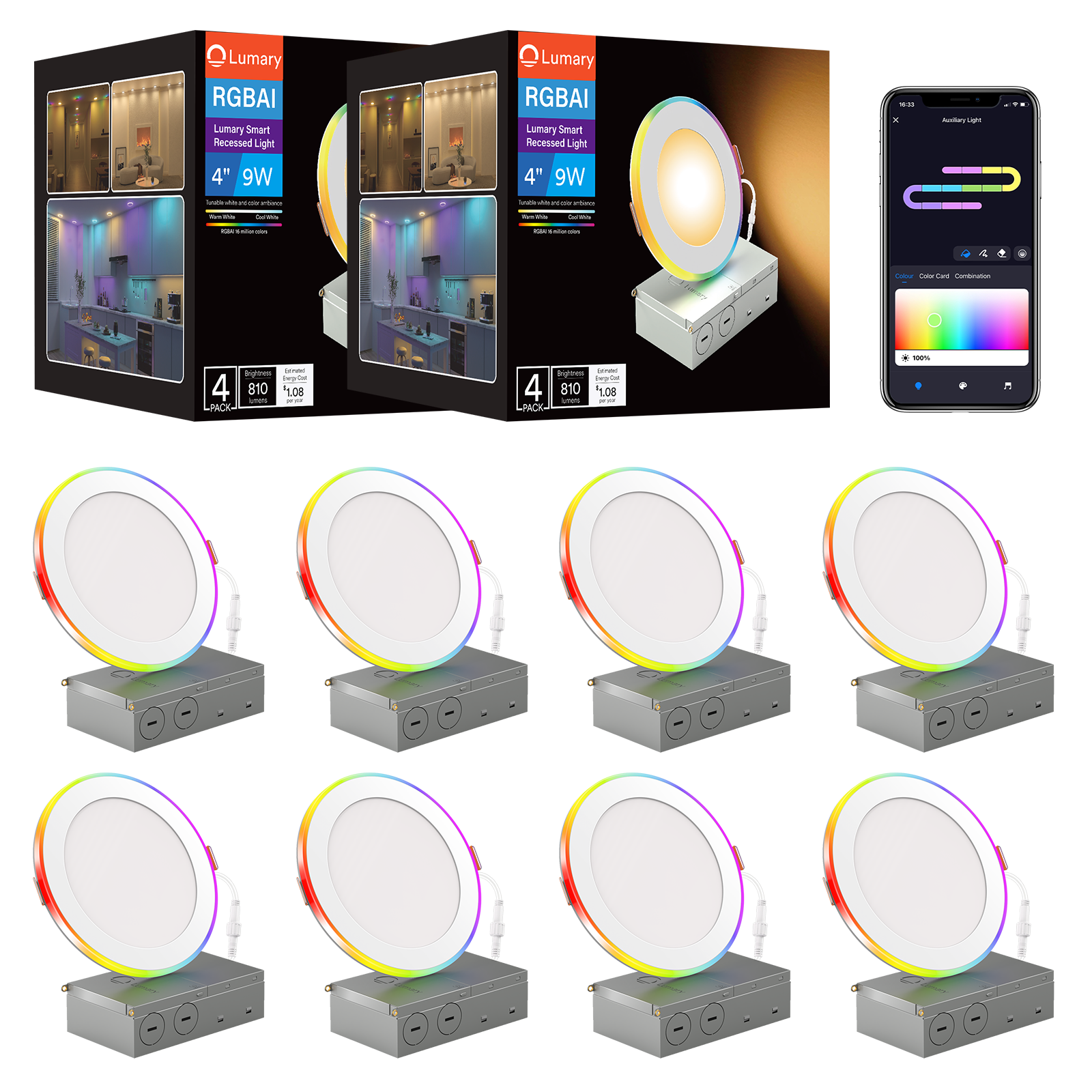 Lumary Smart Recessed Lighting 4 Inch WiFi LED Recessed Lights RGBAI