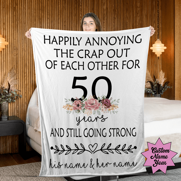 Funny 50th Anniversary Blanket – Personalized Wedding Anniversary Gift For Couple – Custom Names & Year – 50 Years And Still Going Strong Throw Blanket- Sherpa-50x60