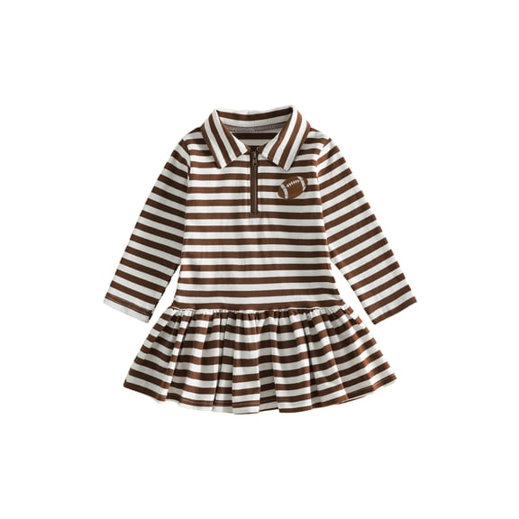 Cjfdfy Toddler Baby Girls Dress Long Sleeve Lapel Neck Zipper Striped Print Football Embroidery A Line Dress Cute Game Day Fall Winter Dress Clothes 6M-4Y