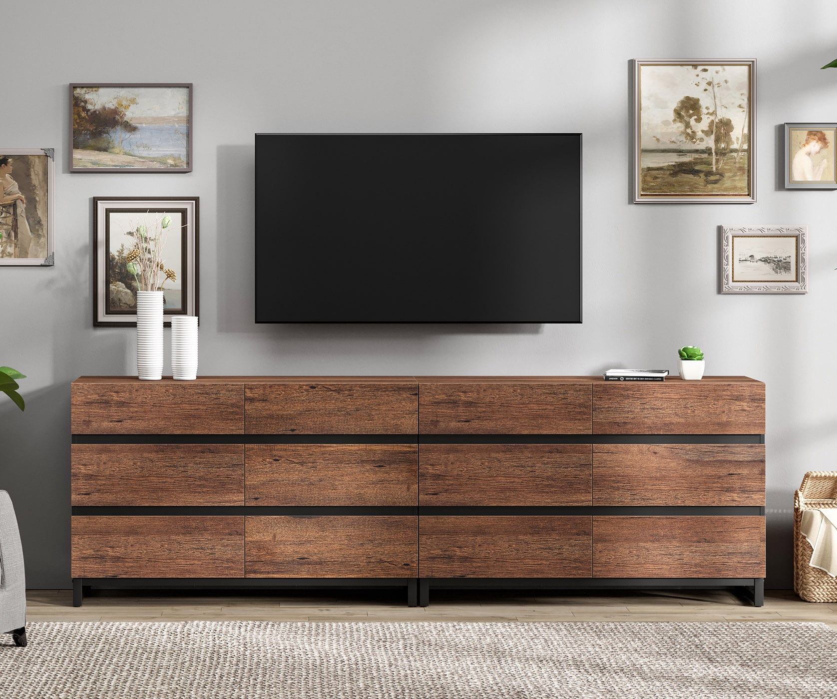 Modern TV Stand For Tvs Up To 100 Inch, Entertainment Center With 12 Drawers And Metal Base, Media Console For Living Room, Bedroom,Brown