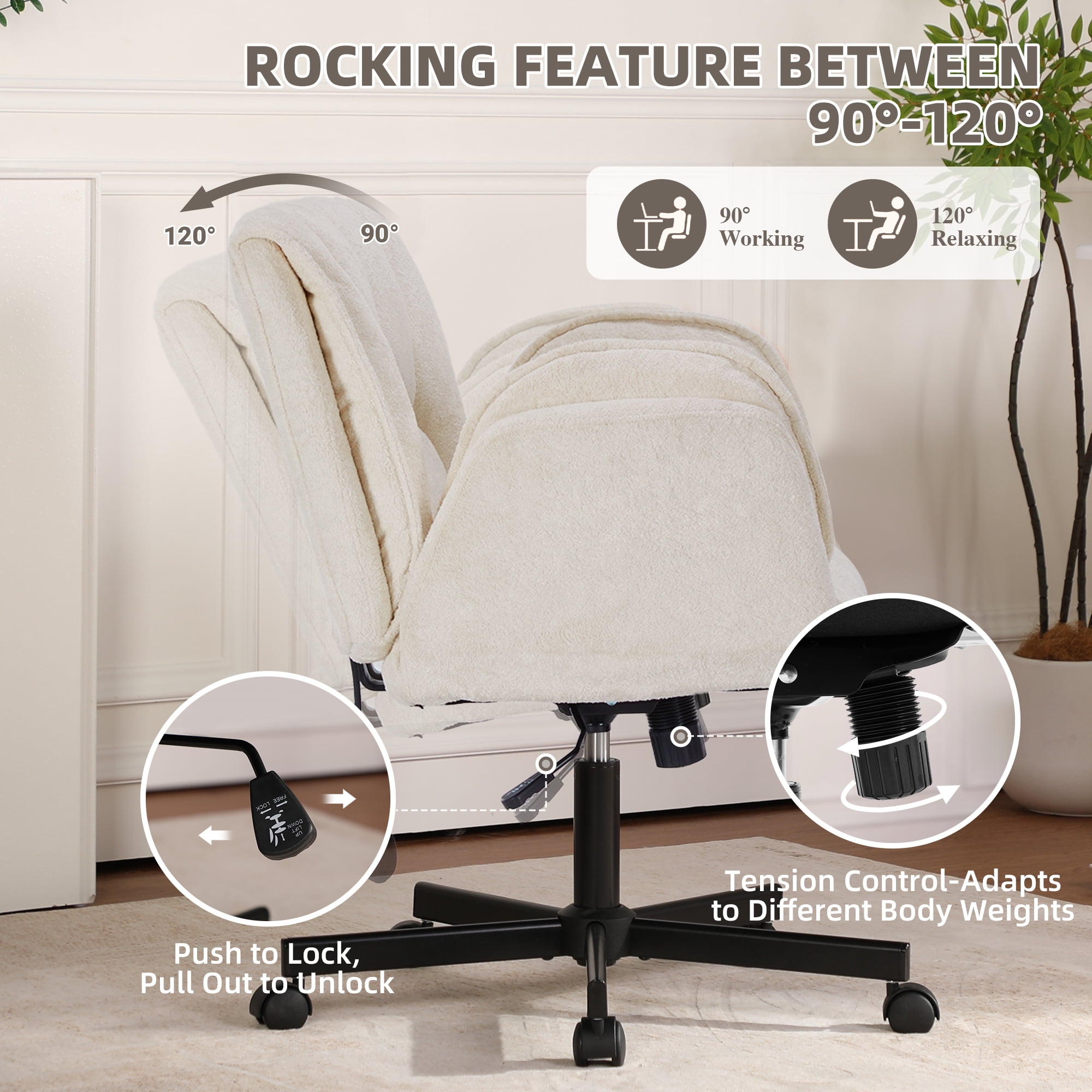 Cross Legged Office Chair with Wheels & Dynamic Airbag Lumbar Support, Criss Cross Wide Seat, 5-Position Fold-Down Armrests, Swivel Vanity Chair for Home Office, Beige