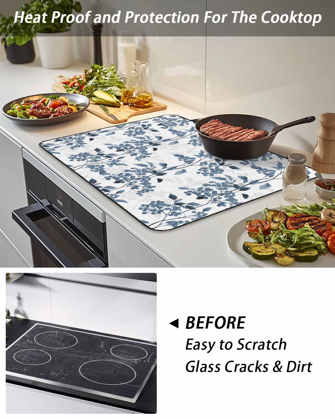 Stove Top Covers for Electric Stove, Blue Fruit Glass Stovetop Cover Protector, Vintage Plant Nature Botanical Flower Floral Induction Cooktop Protector Oven Mat for Kitchen Countertop 31"x24"
