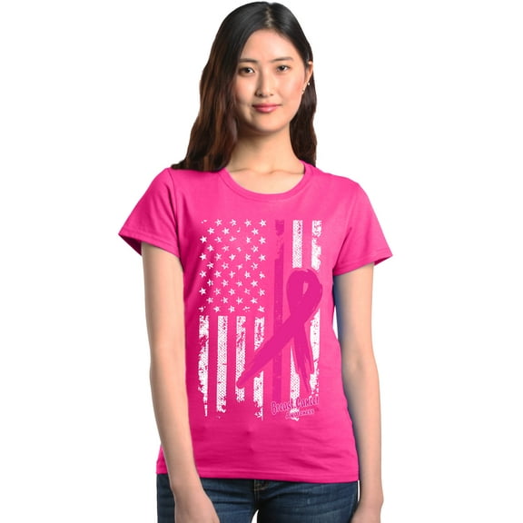 Shop4Ever Women's Pink Breast Cancer Ribbon American Flag Graphic T-Shirt Small Heliconia Pink