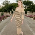 thumbnail image 3 of Women's Striped Knit Midi Dress with Long Sleeves and Ribbed Texture - Small, Khaki, 3 of 7