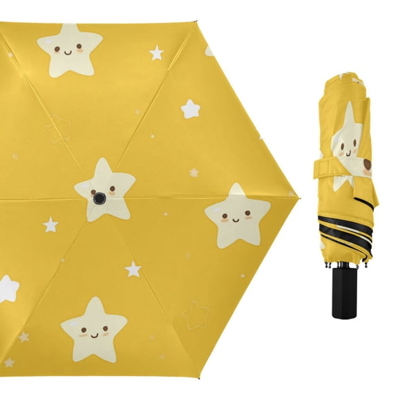 Yellow and White Stars All Weather Umbrella Triple Folding Parasol 6 Ribs UV Protection Portable