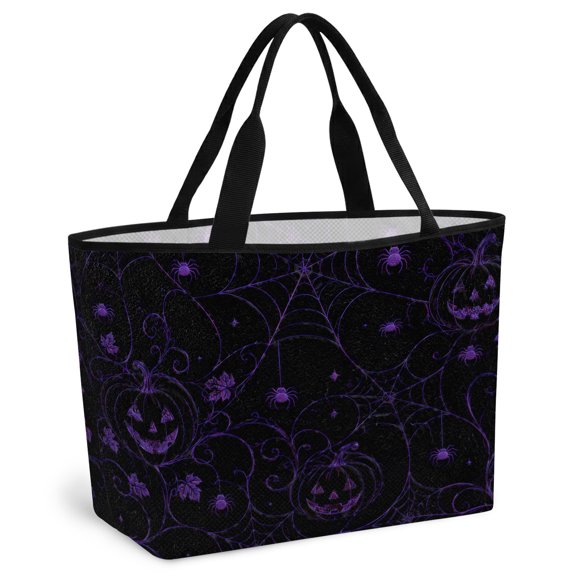 Purple Halloween Beach Bag for Women, Large Breathable Mesh Beach Tote Bag, Pumpkins Spiders Webs Classic Black Sandproof Lightweight Travel Bags for Vacation Picnic Swimming Pool 15.7"x15.7"x9.1"