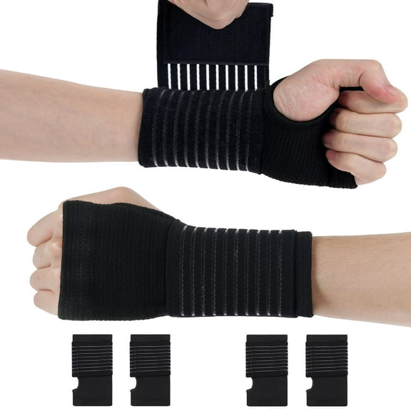 Wrist Brace, 4 Pcs Elastic Wrist Support with Strap, Wrist Compression Wrap Adjustable Wrist Strap Relieves Wrist Pain, Tendonitis, Sports Use for Men and Women, Right & Lef(Black)