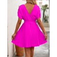 thumbnail image 2 of Hot Pink Womens Summer Solid Waisted Pleated Hem Dress V-Neck Short Sleeve A-Line Mini, 2 of 6