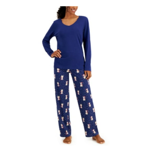 CHARTER CLUB Sets Blue Knit Elastic Band Solid Long Sleeve V Neck T-Shirt Straight leg Sleepwear Size XS