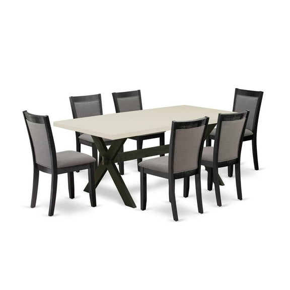 East West Furniture 7 Piece Kitchen Table Set - Linen White Top Mid Century Dining Table with Trestle Base and 6 Dark Gotham Grey Linen Fabric Dining Chairs - Wire Brushed Black Finish