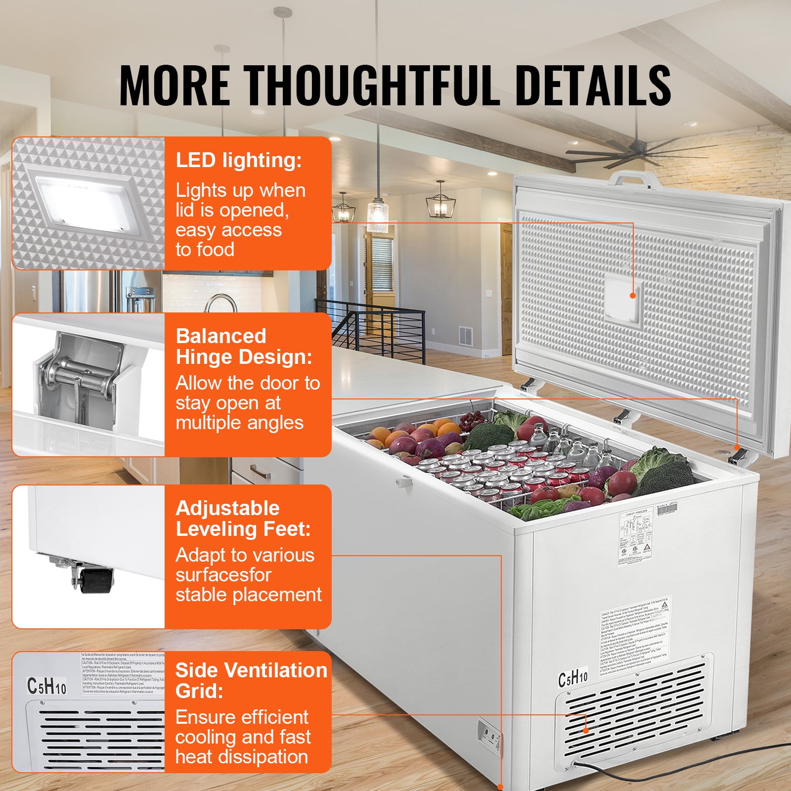KFFKFF 17 Cu.ft Freestanding Chest Freezer, Large Capacity Deep Freezer with 4 Removable Baskets, Lockable Lid, Adjustable Temperature Range -18.4℉ to 50℉, LED Light, and 6 Wheels