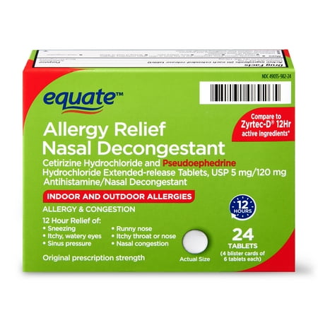 Equate Cetirizine-D 12 Hour Tablets, 5 mg, 24 Count