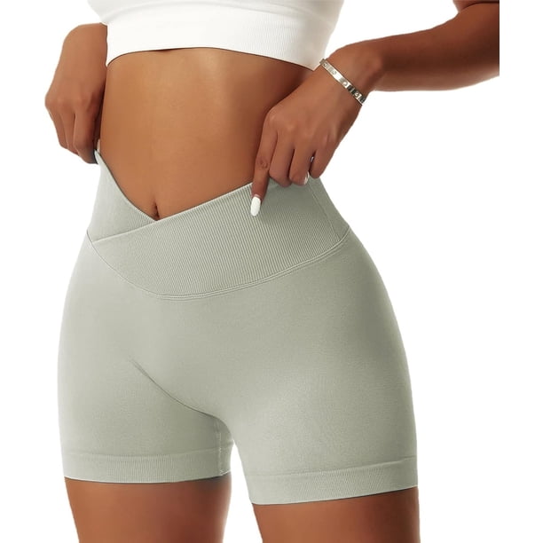 i.e. Women's Gym Shorts V Cross Elastic Push Up Yoga Shorts Booty Scrunch High Waist Athletic Leggings Gray Green Medium