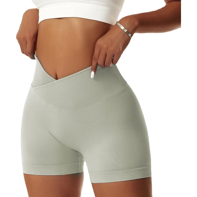 i.e. Women's Gym Shorts V Cross Elastic Push Up Yoga Shorts Booty Scrunch High Waist Athletic Leggings Gray Green Medium