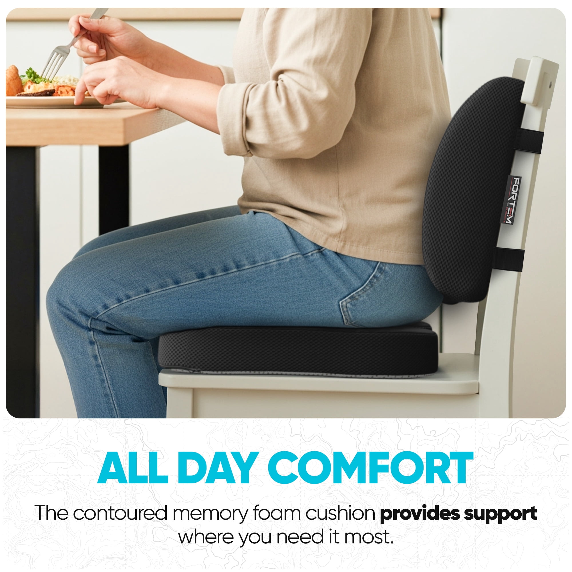 FORTEM Seat Cushion, Office Chair Cushion, Lumbar Support Pillow for Office Chair, Memory Foam Car Seat Cushions, Sciatica Coccyx Tailbone Pain Relief, Cushions for Back Support, Washable, Non Slip