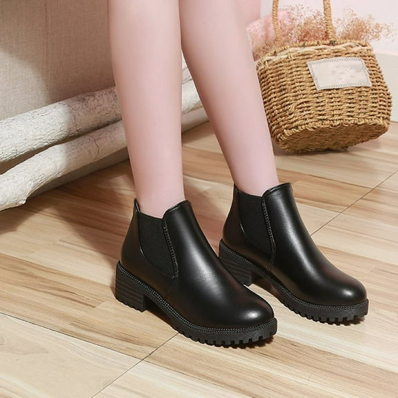 Teacher Appreciation Gifts AXXD Women's Winter Faux Leather Round Toe Low Heels Boots Women's Booties And Ankle Boots Clearance Black Size 35(US:4.5)