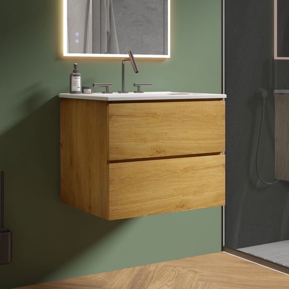 CITTANEO 24" Floating Bathroom Vanity with 3-Hole Ceramic Sink, Contemporary Bathroom Cabinet with 2 Drawers, Natural Oak