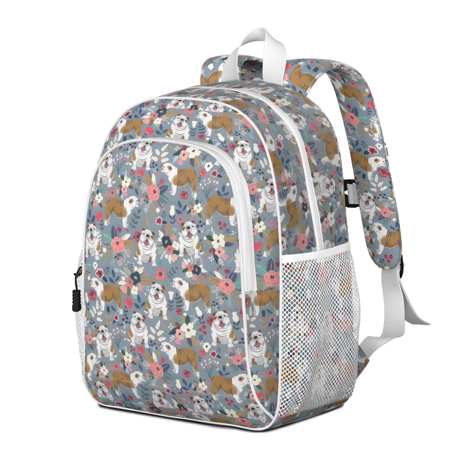 Bulldog Dog and Flower Florals Backpack for School,Cute School Bag,Schoolbag with Adjustable Shoulder Straps & Padded Back,15"x11.42"x5.5"