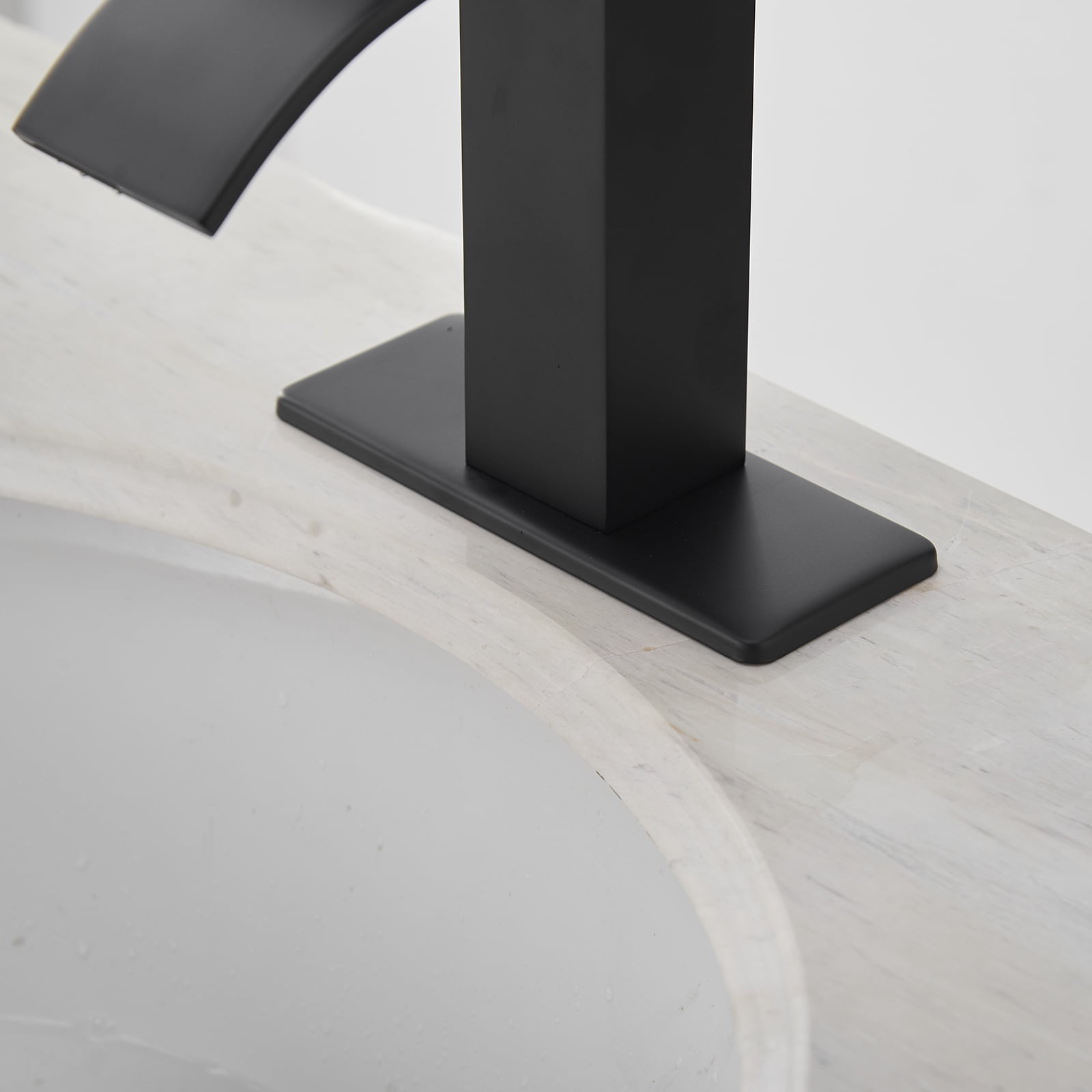 BWE Matte Black Bathroom Faucet Modern Waterfall Single Hole Faucet for Bathroom Sink Single Handle with Pop Up Drain with Overflow Assembly and Supply Line Lavatory Bath Faucet