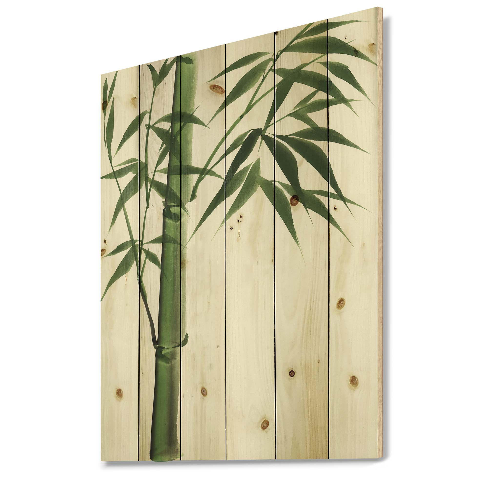 Designart 'Detail Of Dark Green Bamboo On White III' Traditional Print on Natural Pine Wood