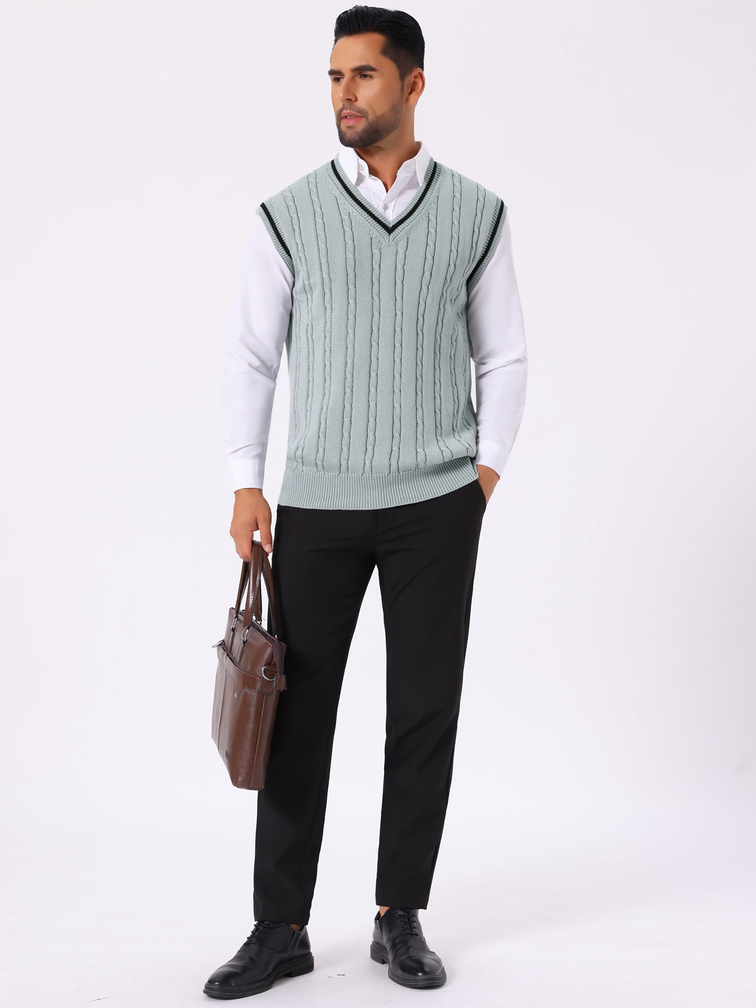 DARING DIVA Men's Solid Color V-Neck Sleeveless Cable Knitted Sweater Vest XL Light Gray