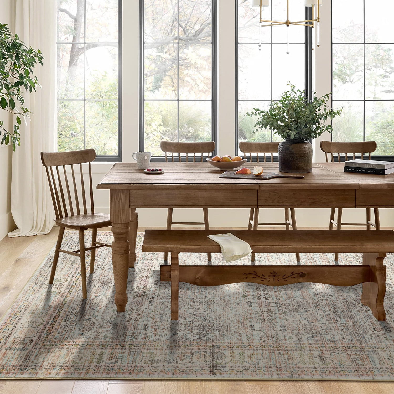 Wondo Floral Washable Rugs, 5x8 Area Rug for Living Room, Soft Large Boho Bedroom Rug, Botanical Non Slip Ultra Thin Floor Carpet for Dining Room Nursery Office, Light Yellow