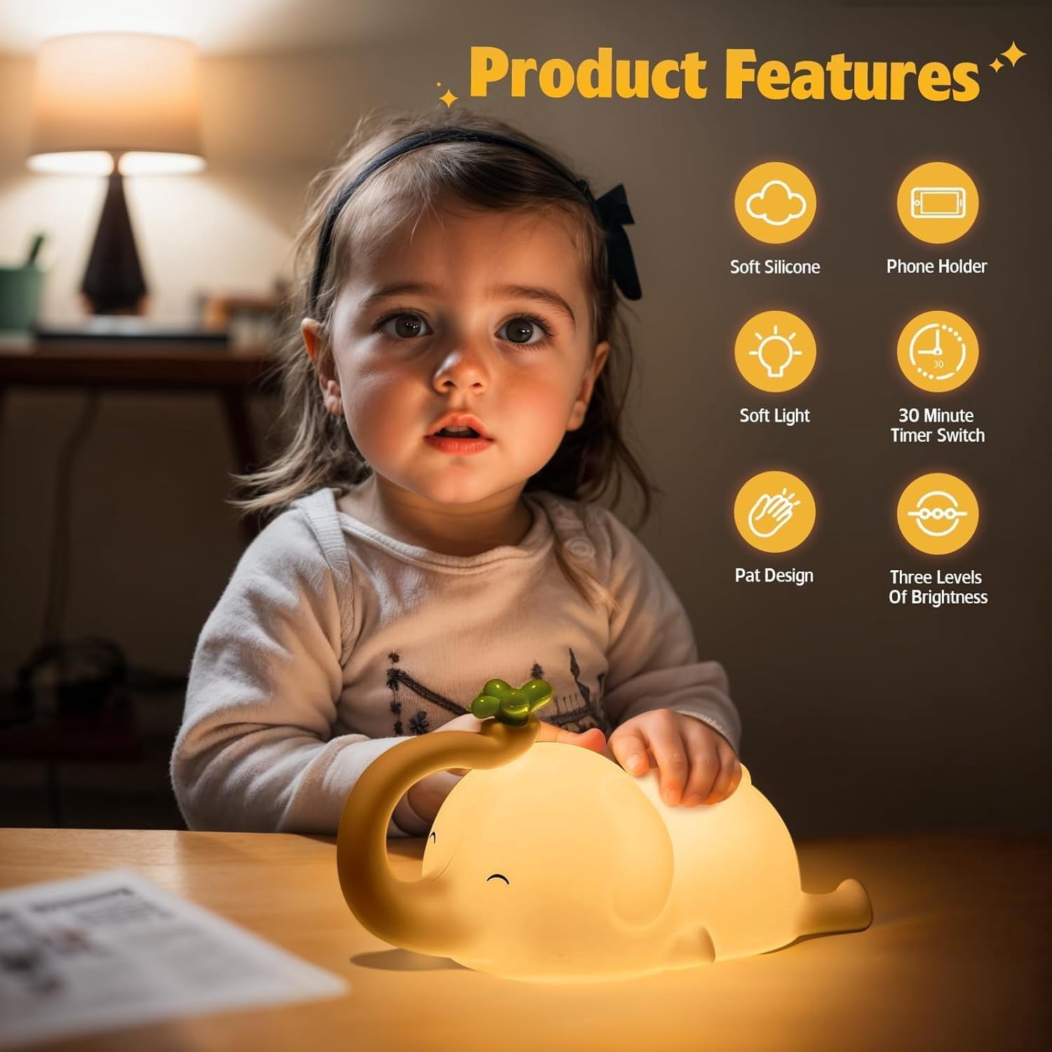 Night Light for Kids - 3-Level Dimmable Silicone Lamp, USB-C Rechargeable Nursery Light with Auto-Off Timer for Bedroom & Breastfeeding