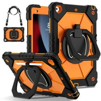 ,Black&OrangeHybrid Shockproof 360 Rotating Stand With Hand Strap and Shoulder Strap Kids Case for iPad 10.2" 2021/2020/2019 9th / 8th / 7th Case(No Screen Protector)
