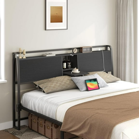 Headboard Queen Size Only, Headboard with 4 Outlets and 4 USB Ports, Industrial Head Board with Flip Door and Bed Frame Adapter, Height Adjustable, Black