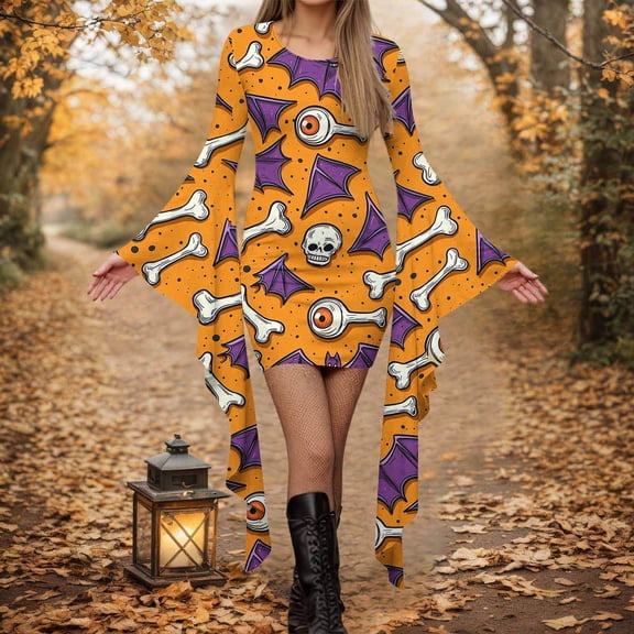 Womens Fall Halloween Dress Ghost Pumpkin Print Spooky Graphic Long Irregular Sleeve Crew Neck Flowy Dresses Yellow C M