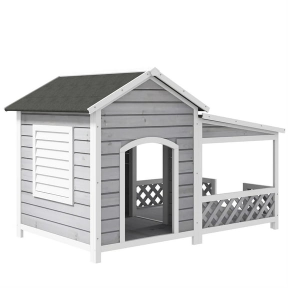 Pefilos 63" Outdoor Cabin Style Dog House with Asphalt Roof & Shutter Window, Wooden Dog Kennel Weatherproof for Small to Large Dogs, Gray
