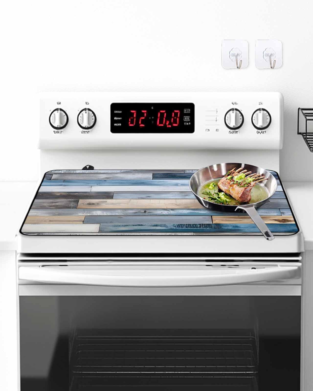 Stove Top Covers for Electric Stove 28.5x20.5 Inches, Blue Wooden Grain Heat Insulation Fireproof Glass Cooktop Protector, Farmhouse Country Abstract Art Countertop Stovetop Cover for Kitchen