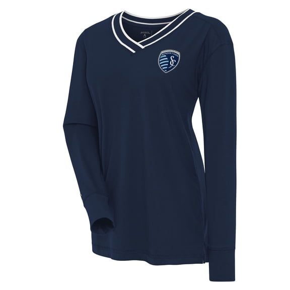 Women's Antigua Navy Sporting Kansas City Symbolic V-Neck Long Sleeve T-Shirt