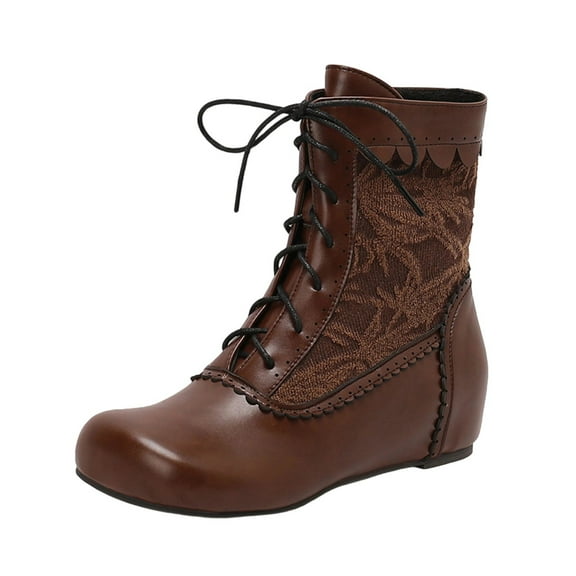 Xfvqtps Womens Embroidered Ankle Boots Vintage Boho Style Lace up Round Toe Hidden Wedge Heel Winter Fashion Casual Flat Boots Brown