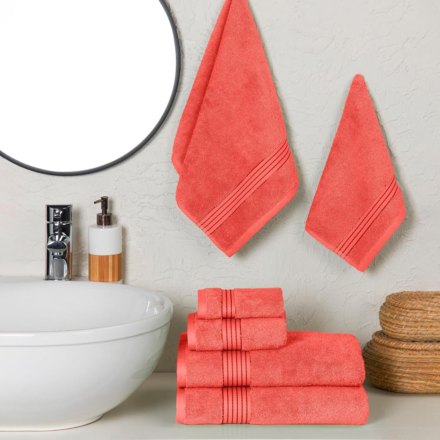Bath Towels Set 6-Piece Original Turkish Cotton Soft, Absorbent and Premium Towel for Bathroom, Coral
