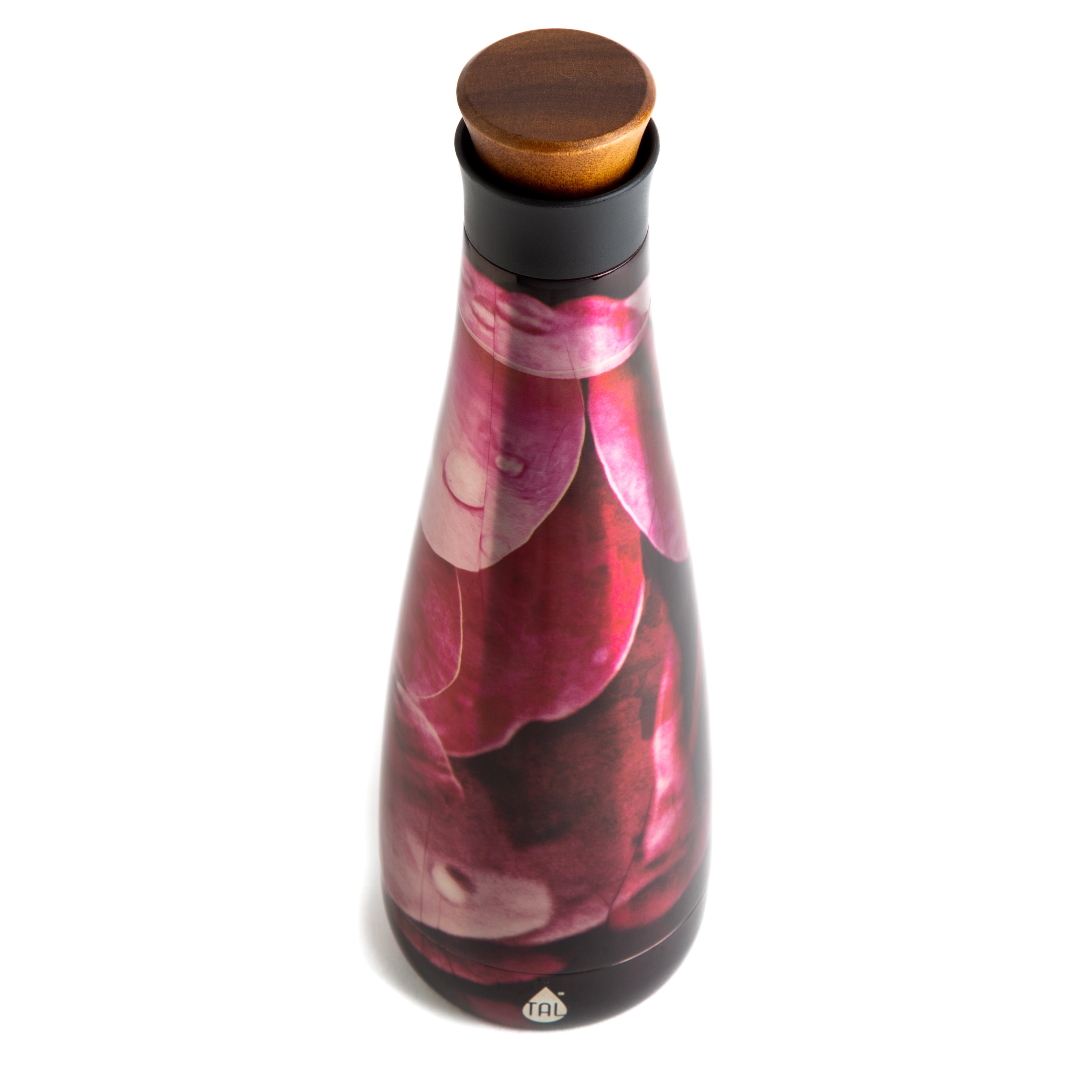 Tal Floral Bordeaux Stainless Steel 17 Ounce Water Bottle with Acacia Wood Lid