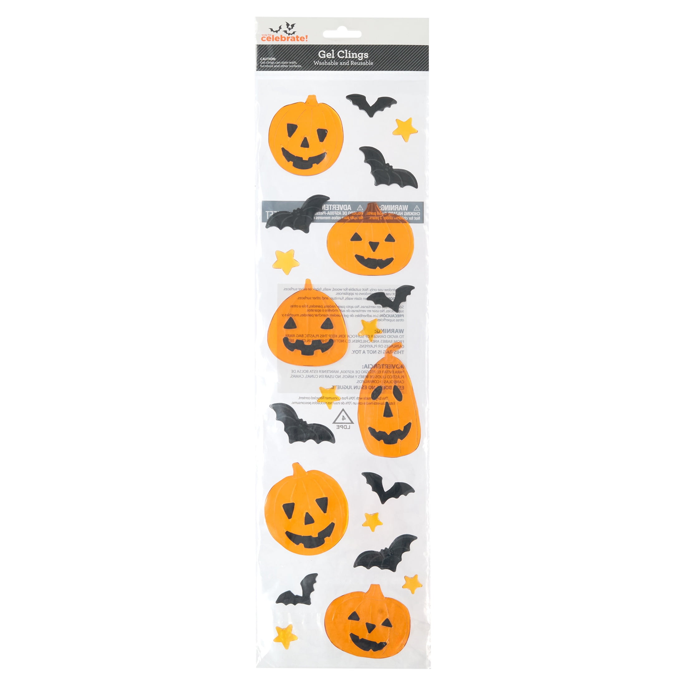 Jack-o'-Lanterns and Bats Gel Clings, Multicolor, 5.5" x 21", Halloween by Way To Celebrate