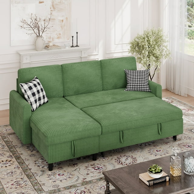 Walsunny Canapé Sectionnel-Lit Escamotable en L avec Méridienne Réversible avec Rangement pour Salons Petites Pièces Appartement, Vert